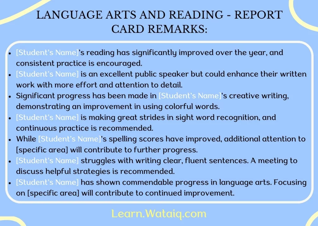 14. Language Arts and Reading - Report Card Remarks