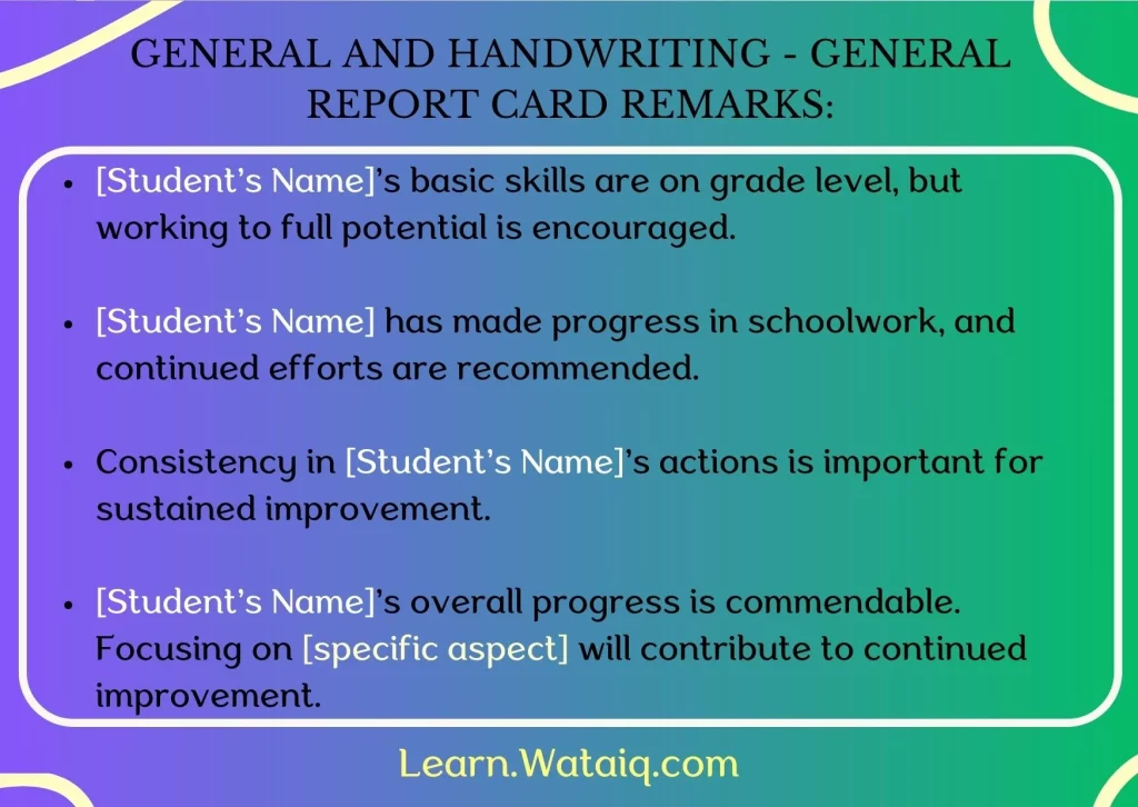 20. General and Handwriting - General Report Card Remarks